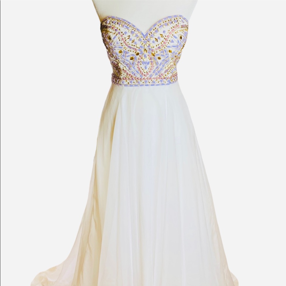 Rachel Allan Princess White Strapless Beaded Prom Dress / Gown size 8